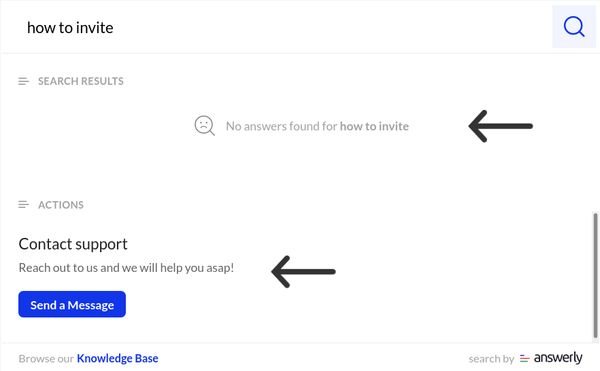screenshot of answerly search widget with actions showing on zero search results