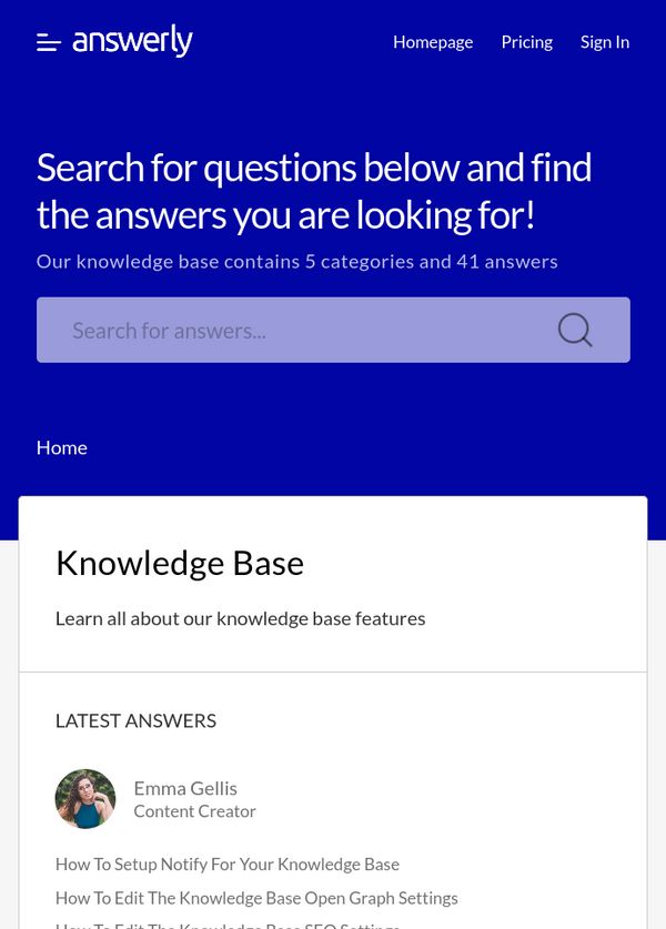 screenshot of the answerly knowledge base